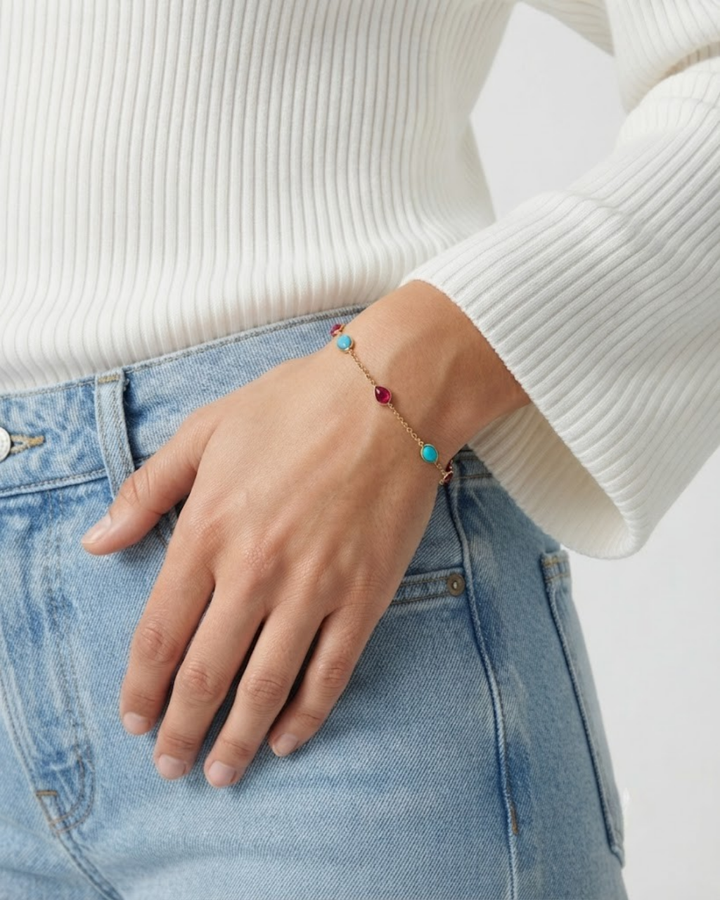 Turquoise & Pink Gemstone Gold Bracelet